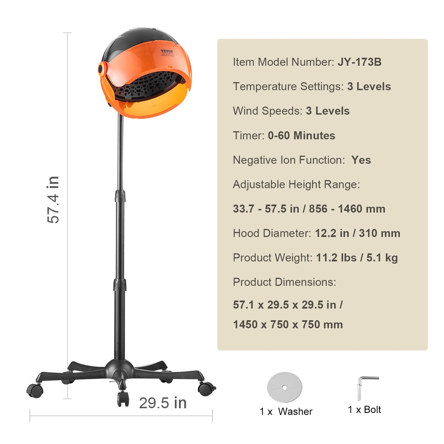 Ionic Hooded Dryer, 1875W Professional Bonnet Hair Dryer, Sit Under Hair Dryer With Timer, 3 Temp Settings & Wind Speed, Floor Standing Rolling Base With Wheels For Beauty Salon Home Spa